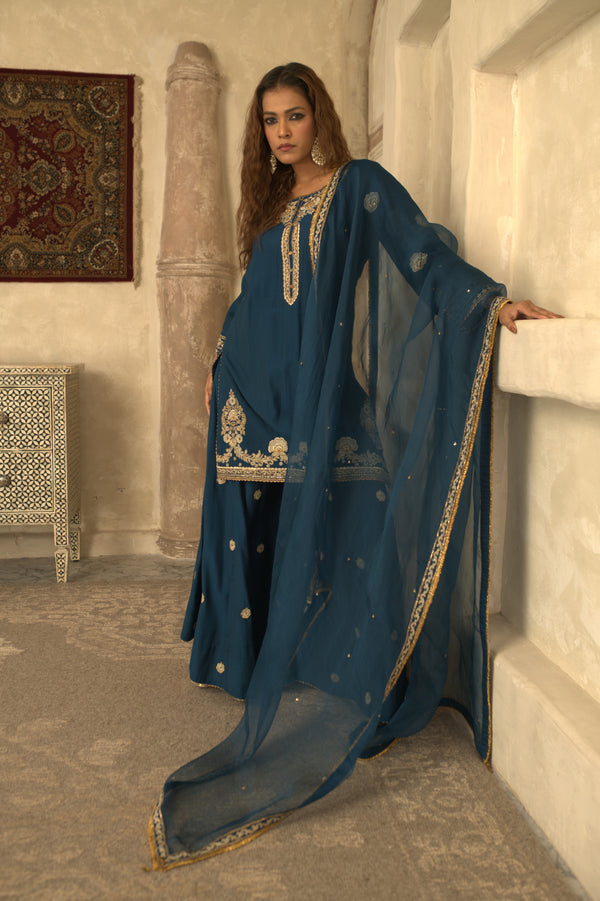 BLUE MUGHAL JAAL BEL SHARARA SET